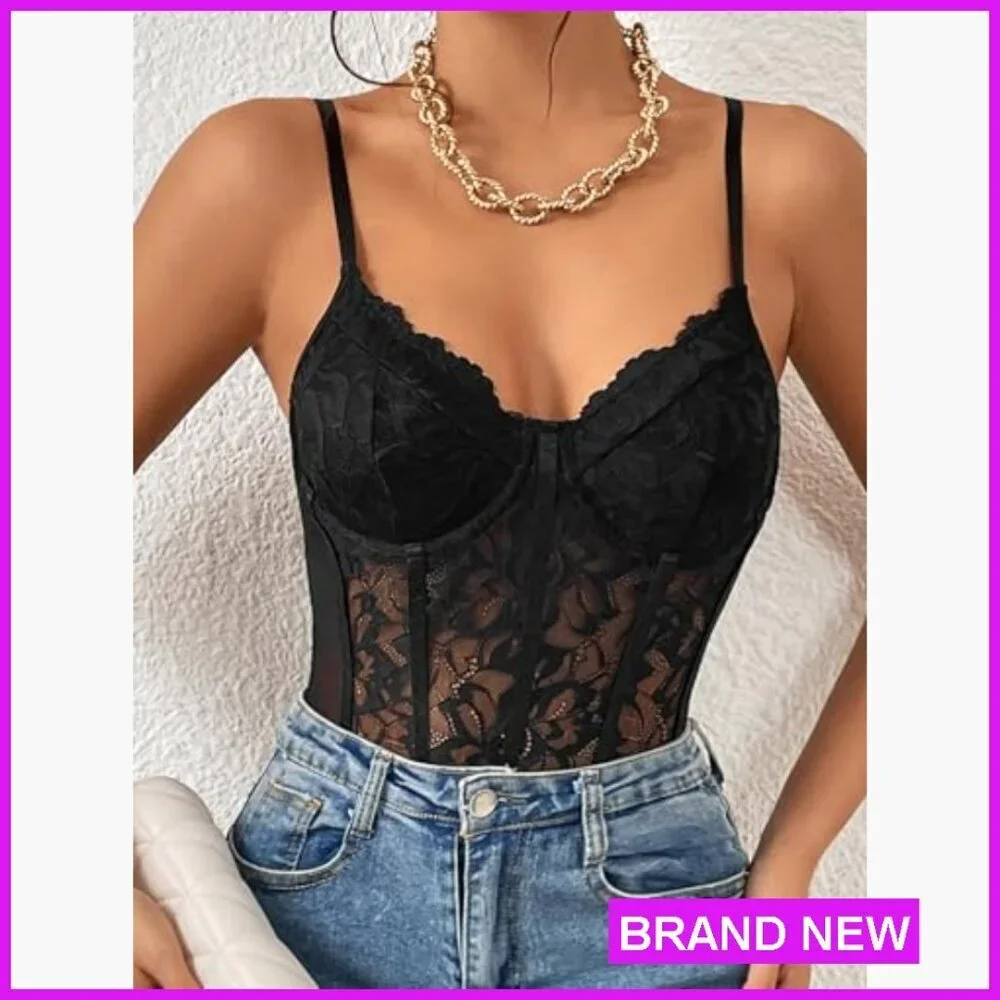 Sheer Mesh Lace Bustier Bodysuit Slim Fit Y2K Chic Shapewear Corset Top